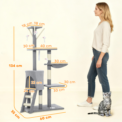 PawHut Multi-Level Cat Tower, 134cm Cat Tree with Condo and Sisal Scratching Posts for Indoor Kittens, Grey