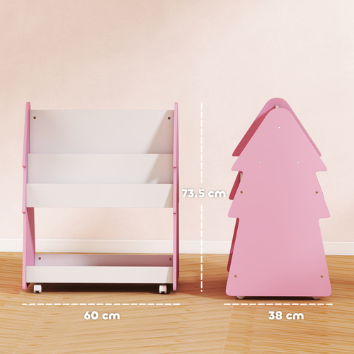 AIYAPLAY Kids Bookshelf with Toy Storage, Double-Sided Bookcase with Wheels, 3 Tier Kids Book Rack for Bedroom, Pink