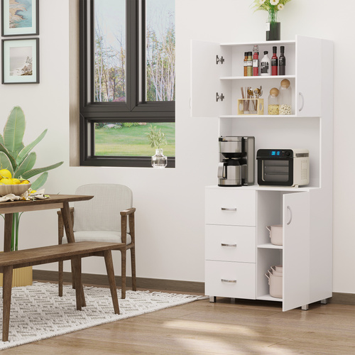 HOMCOM 183.5cm Free standing Kitchen Cupboard, Storage Cabinet with Doors and Sheleves, 3 drawers and Open Space, Adjustable Height Storage Unit, White