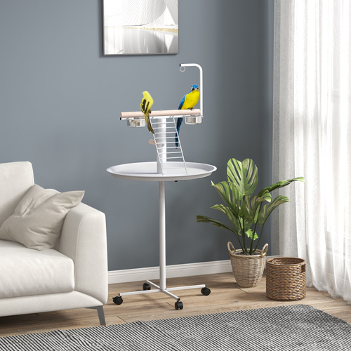 PawHut Bird Stand with Four Wheels, Perches, Stainless Steel Feed Bowls, Round Tray, for Garden, Indoor, Outdoor - White