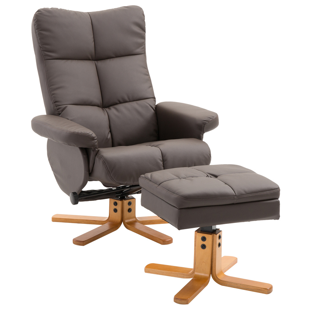 HOMCOM PU Leather Swivel Recliner Chair with Footstool, Wooden Base and Storage for Living Room, Brown
