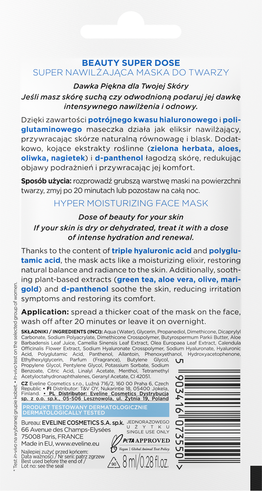 Eveline Beauty Super Dose Nawilżająca Maska do Twarzy z Kwasem Hialuronowym dla Skóry Suchej i Odwodnionej 8ml