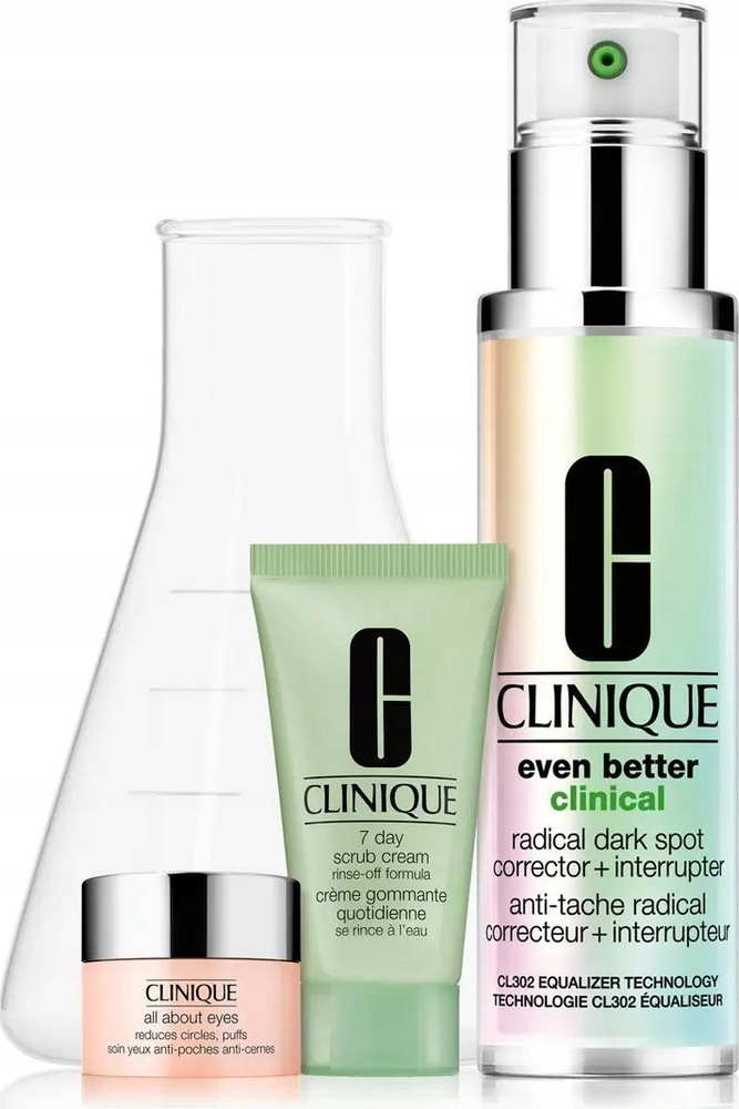Clinique Even Tone Essentials Gift Set 50ml Even Better Clinical Radical Dark Spot Corrector + Interrupter + 30ml 7 Day Scrub Cream + 5ml All About Eyes Zestaw 1 Sztuka