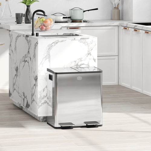 HOMCOM 40L Dual Compartment Stainless Steel Bin, with Deodoriser Holders - Silver Tone