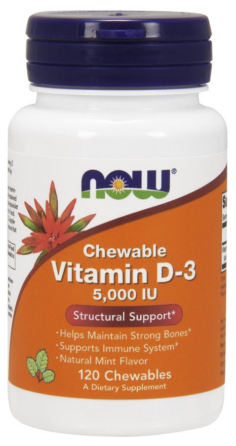 Now Foods Vitamin D-3 5000 IU 120 Wspiera Pracę Mięśni Układu Odpornościowego i Mózgu 120 Tabletek do Ssania