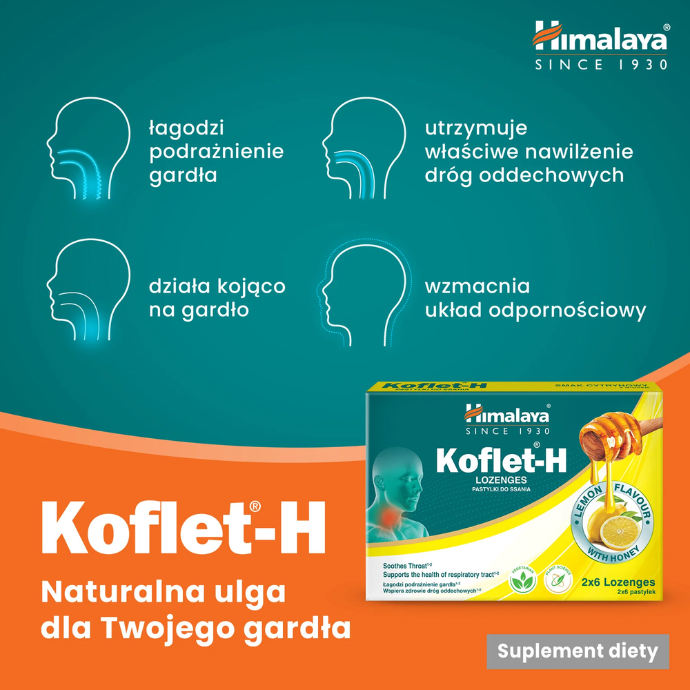 Himalaya Koflet-H Cytryna Wspiera Zdrowie Dróg Oddechowych 12 Pastylek do Ssania