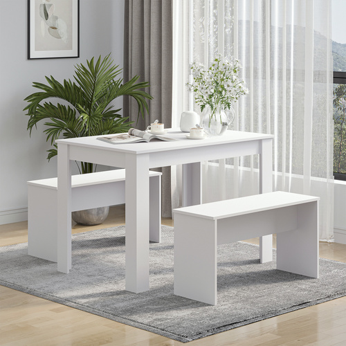 HOMCOM Kitchen Dining Table and 2 Benches Set, Table and Chairs Set for Limited Space, White