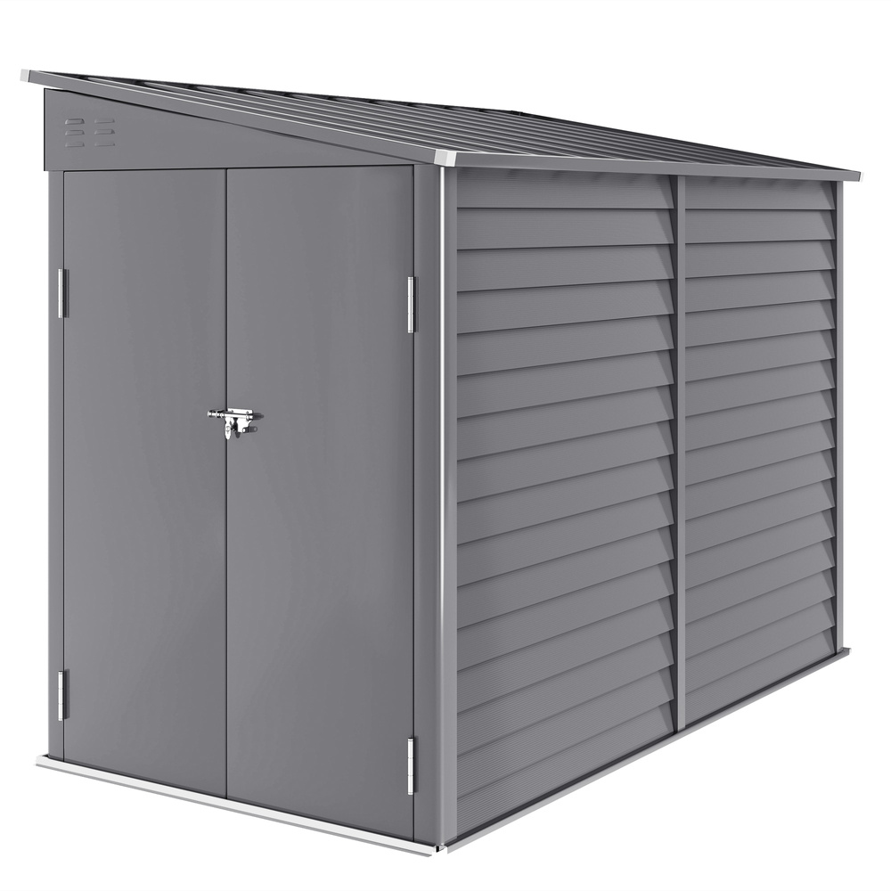Outsunny 5 x 9ft Galvanised Metal Garden Shed with Foundation Kit, Outdoor Lean-to Shed, Tool Storage House with Lockable Doors, Gloves and 2 Air Vents for Patio, Garden, Grey
