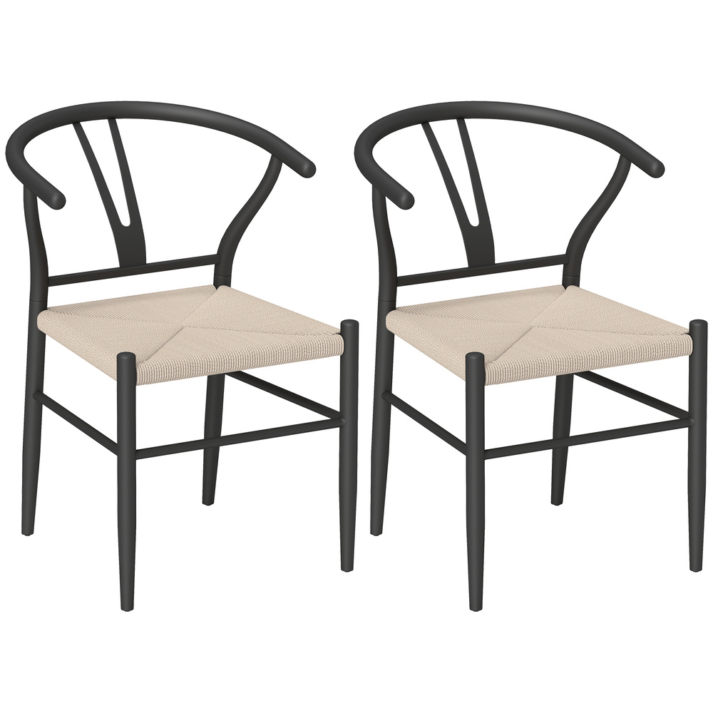 HOMCOM Set of Two Weave Dining Chairs with Y-Shaped Backrest Hemp Seat - Black/Beige