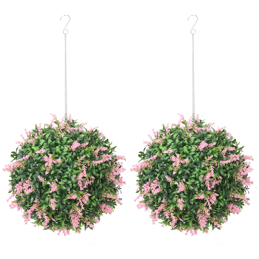 HOMCOM Set of 2 Artificial Plant Topiary Balls, UV-protected Fake Decorative Plants, Pink