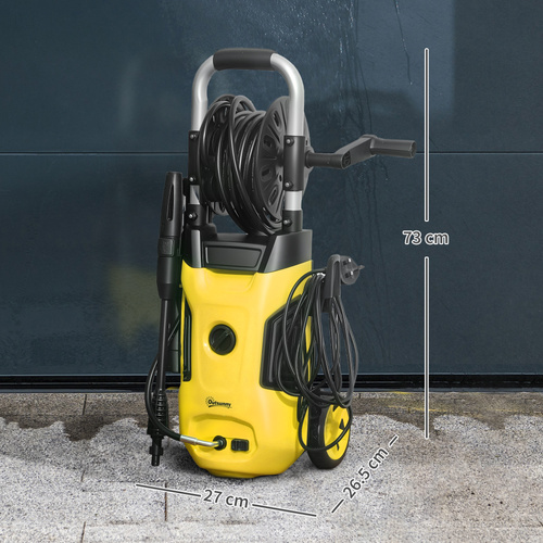Outsunny 1800W High Pressure Washer, 150 Bar Pressure, 420 L/h Flow, Portable Power Washer Jet Wash Cleaner with Adjustable Nozzle, 6M Hose, Hose Reel, Steel Handle for Home Patio Car Driveway, Yellow