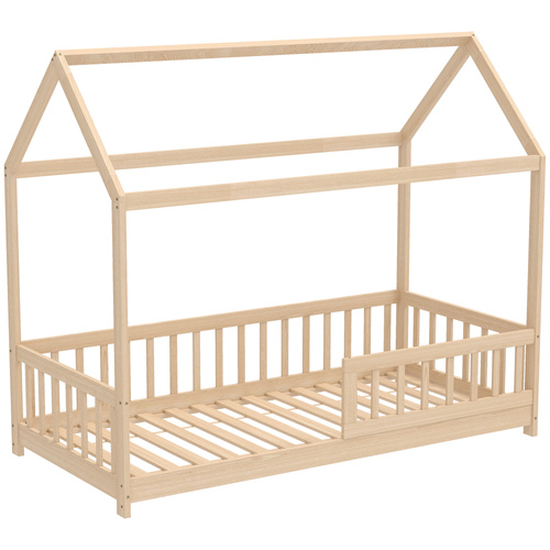 HOMCOM House-Shaped Kids Bed Frame with Guard Rails, Solid Pine Wood Single Bed Frame for Kids Boys and Girls, Natural