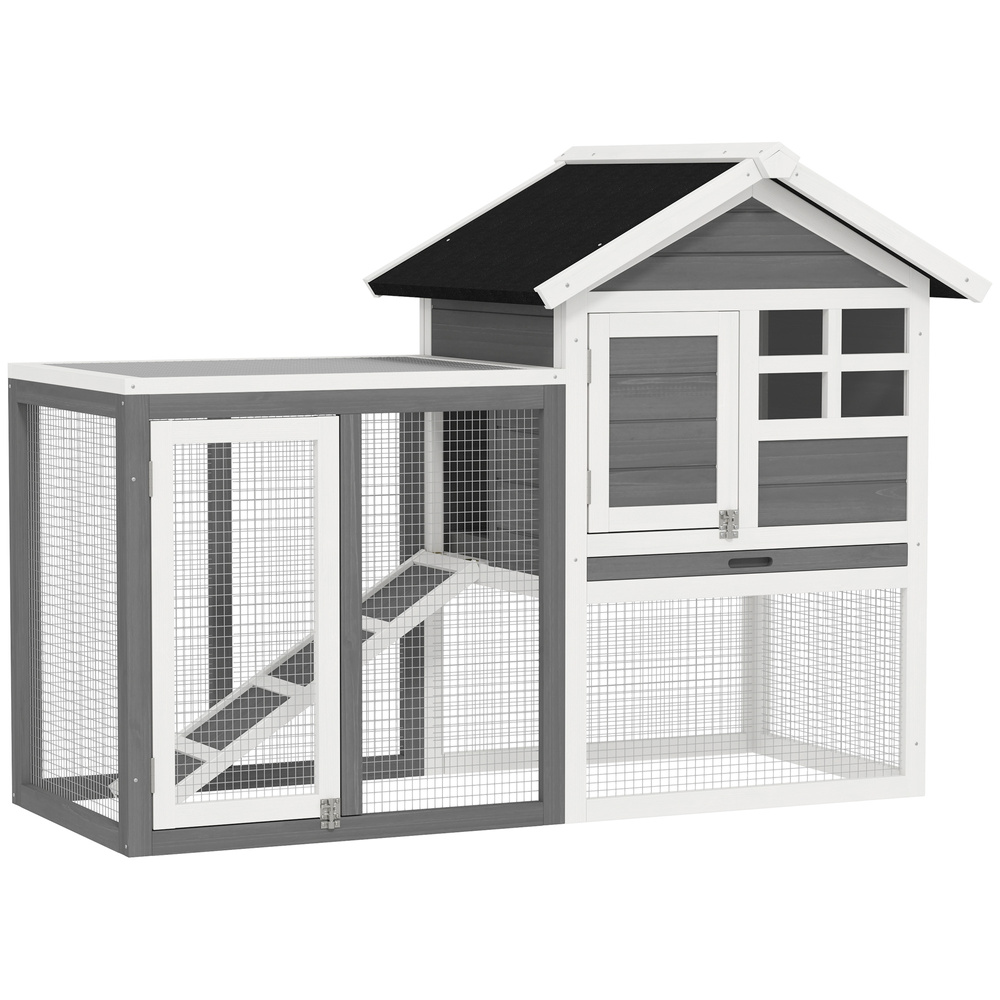 PawHut Rabbit Hutch Outdoor Wooden Guinea Pig Hutch Rabbit Run Bunny Cage Small Animal House Pull-Out Tray, Grey, 124 x 63 x 93 cm