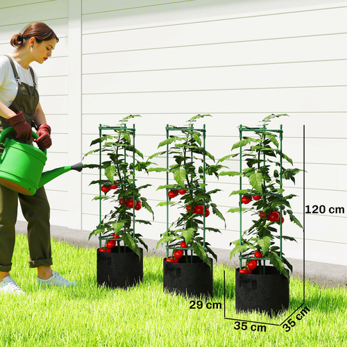 Outsunny 3 Packs Tomato Cages with 83.7L Grow Bags, 47.2" Adjutstable Triangle Plant Stakes Support Trellis with Planter Bags