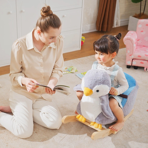 HOMCOM Children Kids Animal Rocking Horse Penguin Plush Musical Button 32 Songs Kid Rocker for 18+ Months