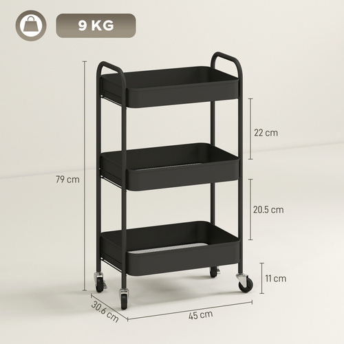 HOMCOM Three-Tier Steel Storage Trolley - Black