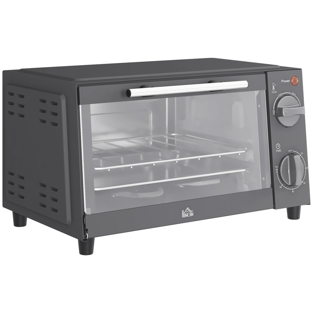 HOMCOM Mini Oven, 9L Countertop Electric Grill, Toaster Oven with Adjustable Temperature, Timer, Dishwasher Safe Baking Tray and Wire Rack, 750W, Grey