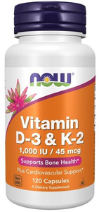 Now Foods Vitamin D-3 & K-2 Wspomaga Prawidłowe Funkcjonowne Systemu Immunologicznego i Zdrowie Kości  120 Kapsułek