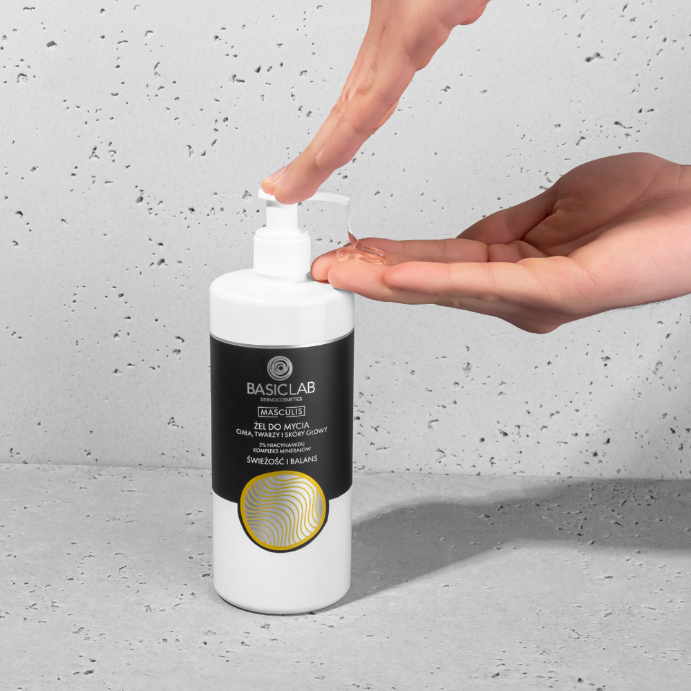 BasicLab Masculis Daily Cleansing Gel with 2% Niacinamide - Freshness & Shine for Men, 500ml