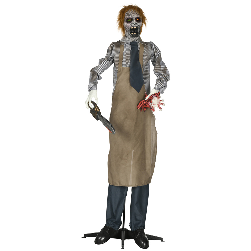 HOMCOM 5.5ft Life Size Halloween Animatronic Standing Chainsaw Killer, with Light Up Eyes, Sound Activated Moving Body, Scary Halloween Decorations, Battery Operated, Indoor Party Props