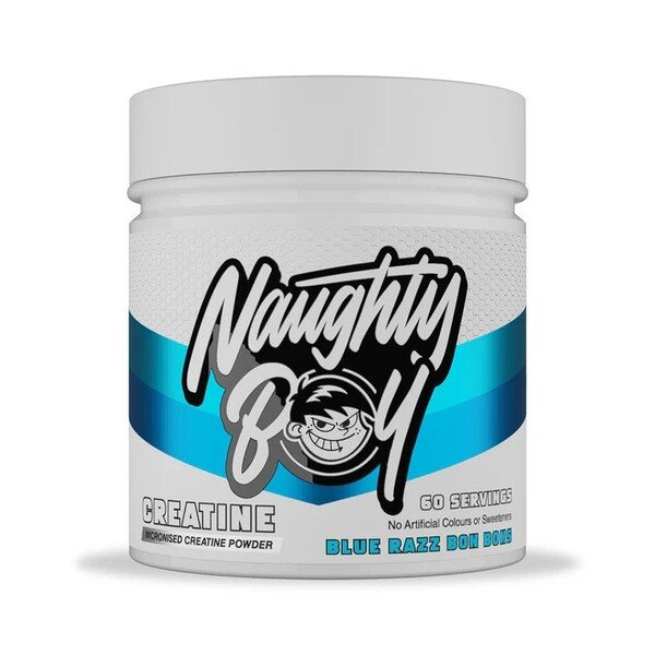 Naughty Boy Creatine Blue Razz Bon Bons Micronised Powder to Increase Endurance and Strength 300g