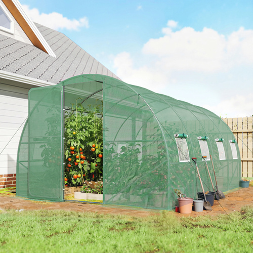 Outsunny 3 x 4 m Walk-in Polytunnel Greenhouse with Hinged Door and 8 Roll Up Mesh Windows, Garden Tunnel Warm House Tent, Green