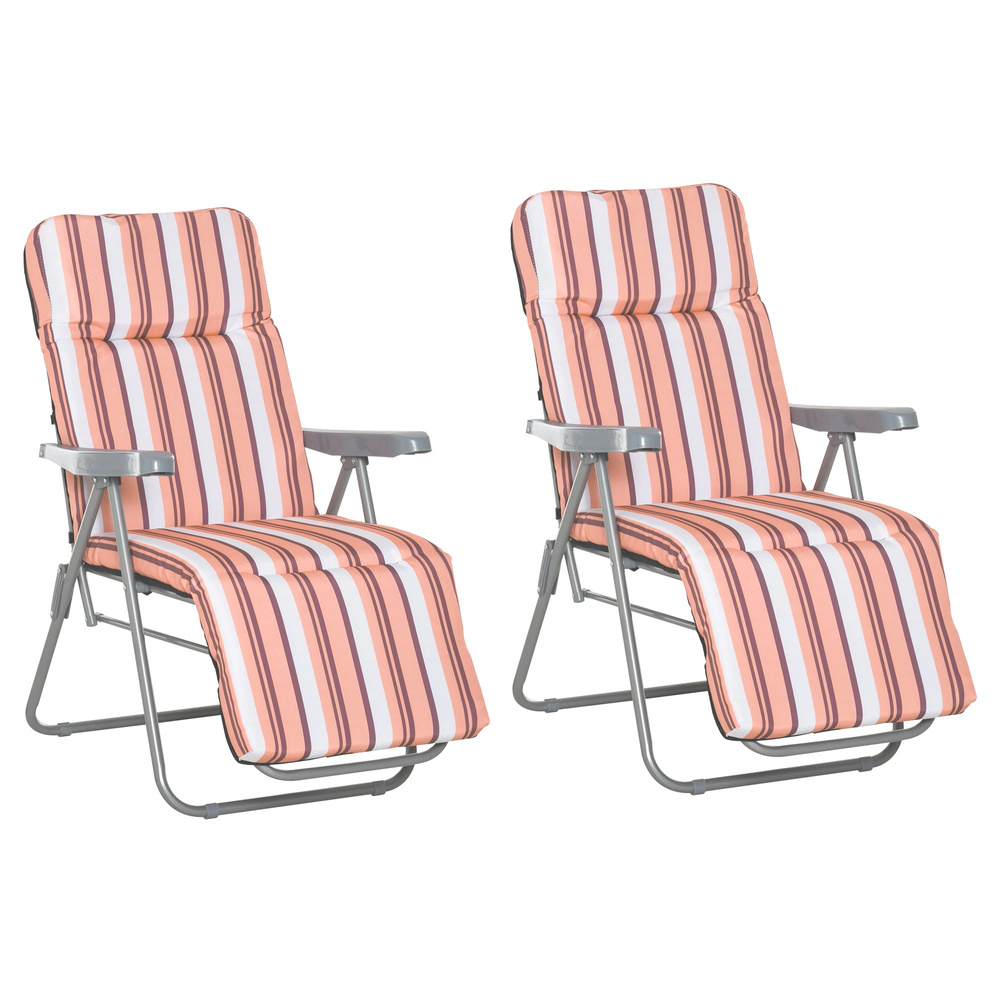 Outsunny Reclining Garden Chair Set of 2, 5-Level Adjustable Zero Gravity Chairs with Cushions, Folding Sun Lounger Garden Recliner Chairs with Armrests for Outdoor, Patio, Orange Stripe