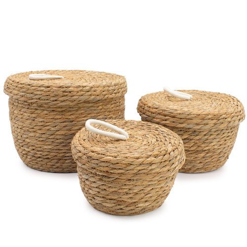Seagrass & Cotton Round Baskets with Lids - Natural - Set of 3