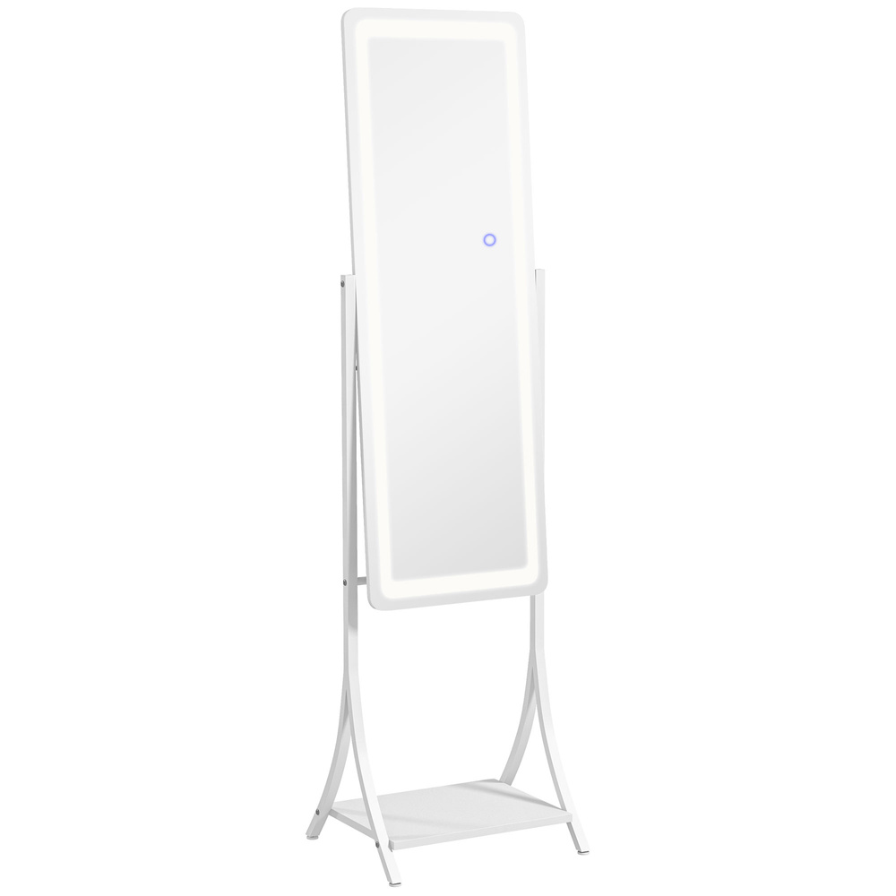HOMCOM Free Standing Dressing Mirror with LED Lights, Full Length Mirror with 3 Temperature Colours and Storage Shelf