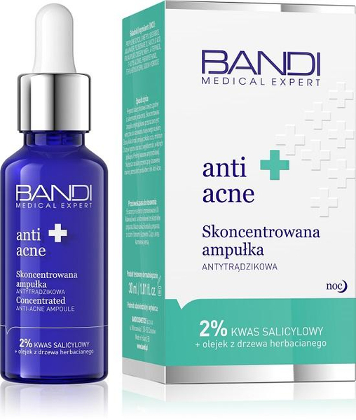 Bandi Anti Acne Skoncentrowana Ampułka Antytrądzikowa 2% Kwas Salicylowy i Olejek z Drzewa Herbacianego dla Skory Tłustej i Meszanej 30ml