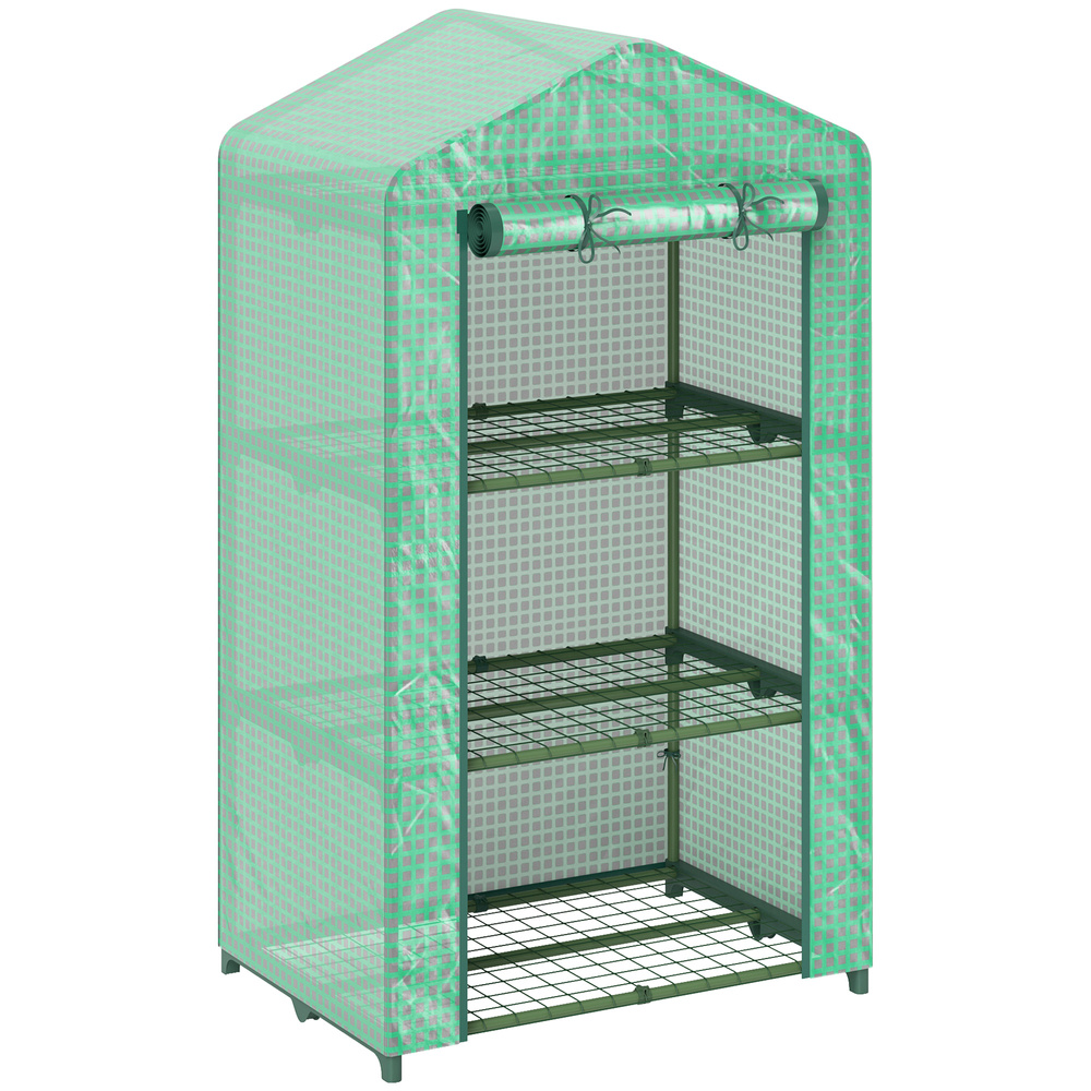 Outsunny 3 Tier Mini Greenhouse Portable Garden Grow House with Roll Up Door and Wire Shelves, 69 x 49 x 125 cm, Green
