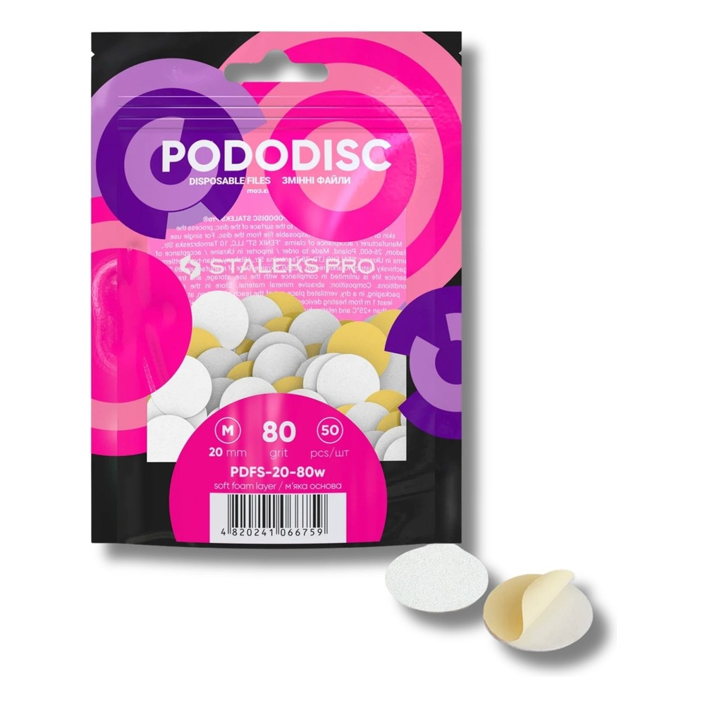 Staleks Pro Expert Pododisc Disposable Pedicure White Files Discs on Soft Foam Layer Size M 20mm Grit 80 50pcs
