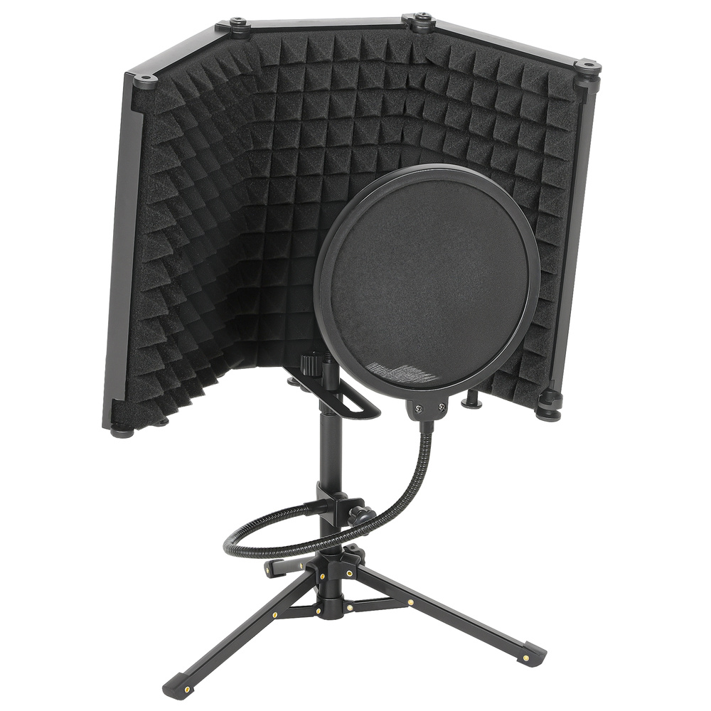HOMCOM Studio Microphone Isolation Shield with Pop Filter and Tripod Stand, Foldable Adjustable Recording Studio Equipment, 3-Panel High Density Absorbent Foam Shield with 3/8" Threaded Mount, Black