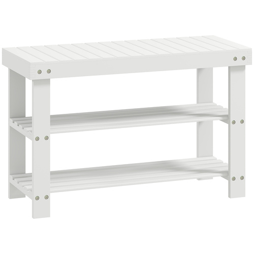 HOMCOM Two Shelf Bamboo Shoe Storage Bench - White