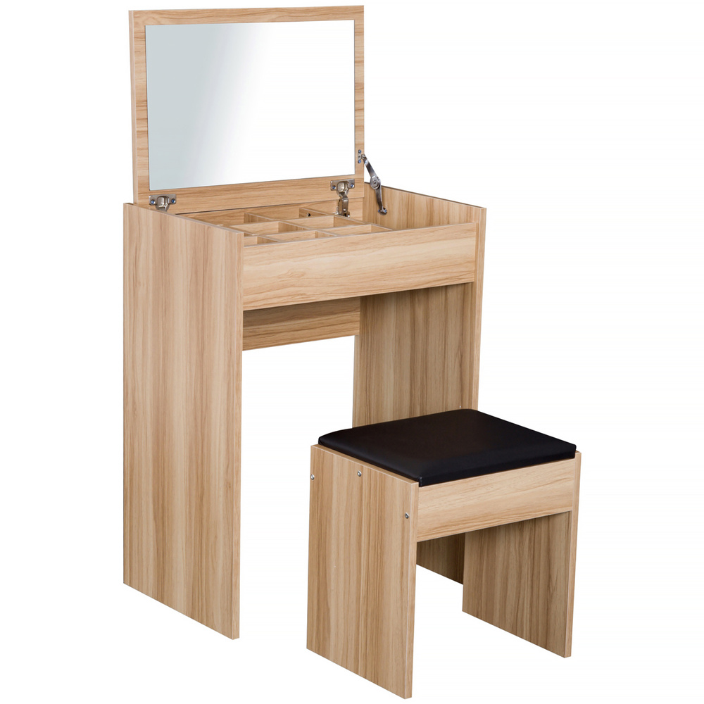 HOMCOM Dressing Table with Mirror and Stool, Vanity Makeup Table with Flip Up Mirror, Vanity Desk with Storage Unit and Padded Seat, Wood