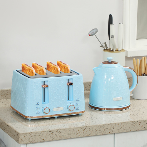 HOMCOM Kettle and Toaster Set, 1.7L 3000W Fast Boil Jug Kettle, 4 Slice Toaster with 7 Level Browning Controls, Light Blue