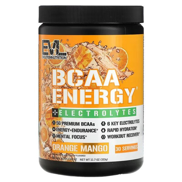 EVLution Nutrition BCAA Energy Electrolytes Orange Mango Powder For Hydration and Energy 333g