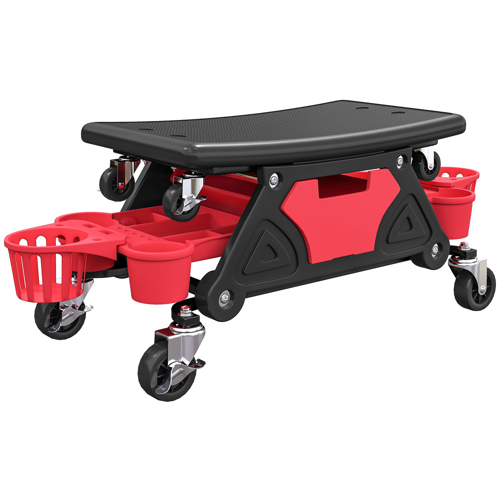 HOMCOM Rolling Mechanic Stool, 135kg Capacity Workshop Stool with 360° Swivel Wheels, Roller Creeper Seat with Slide Out Tool Trays, Drawer, Bottle Holders for Garage, Shop, Auto Repair, Red