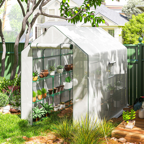 Outsunny Walk-in Greenhouse with 3 Tier 12 Shelves, Small Greenhouse with Reinforced PE Cover, Garden Plant Growhouse with Roll-up Door and Three Mesh Windows, 140 x 213 x 190 cm, White