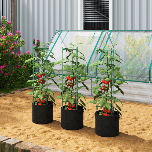 Outsunny 3 Packs Tomato Cages with 83.7L Grow Bags, 47.2" Adjutstable Triangle Plant Stakes Support Trellis with Planter Bags