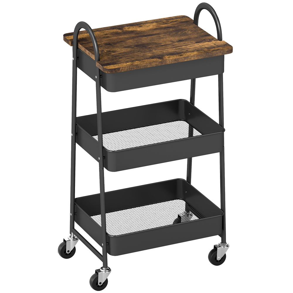 HOMCOM 3-Tier Kitchen Storage Trolley with on Wheels Cover Top Board - Rustic Brown and Black