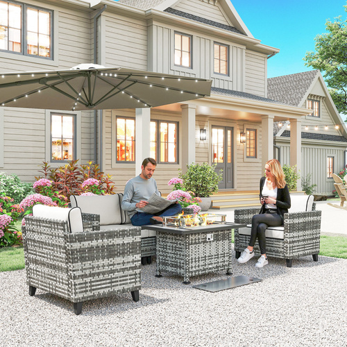 Outsunny 5-Piece Rattan Patio Furniture Set with Gas Fire Pit Table, Loveseat Sofa, Armchairs, Cushions, Pillows, Grey