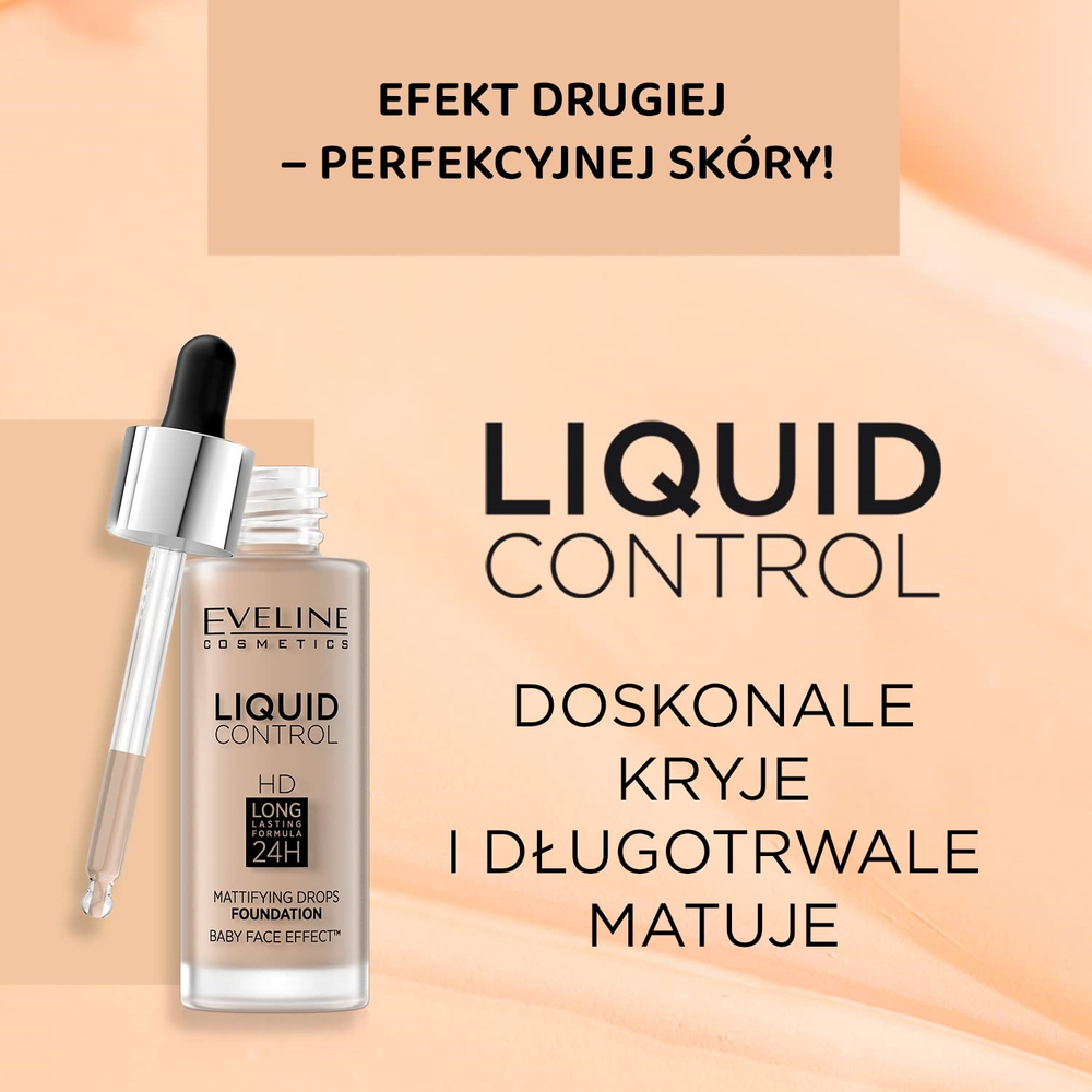 Eveline Liquid Control HD Lekki Podkład do Twarzy z Dropperem Doskonały Efekt Matowienia 015 Light Vanilla 32ml