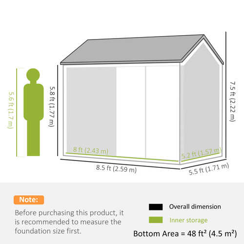 Outsunny 8 x 6 ft Galvanised Garden Shed, Outsoor Metal Storage Shed with Double Doors Window Air Vents, Grey