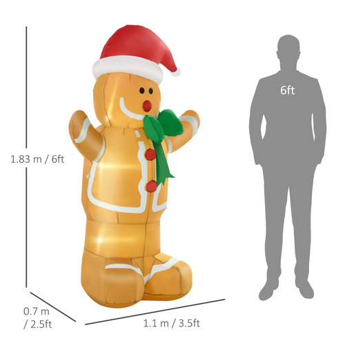 HOMCOM 6ft Christmas Inflatable Gingerbread Man & Santa Hat Safe Outdoor Decoration w/ Accessories
