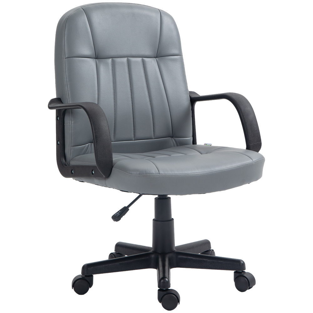 HOMCOM Desk Chair, PU Leather Computer Office Chair with Adjustable Height, Swivel Wheels for Home Work Study, Grey