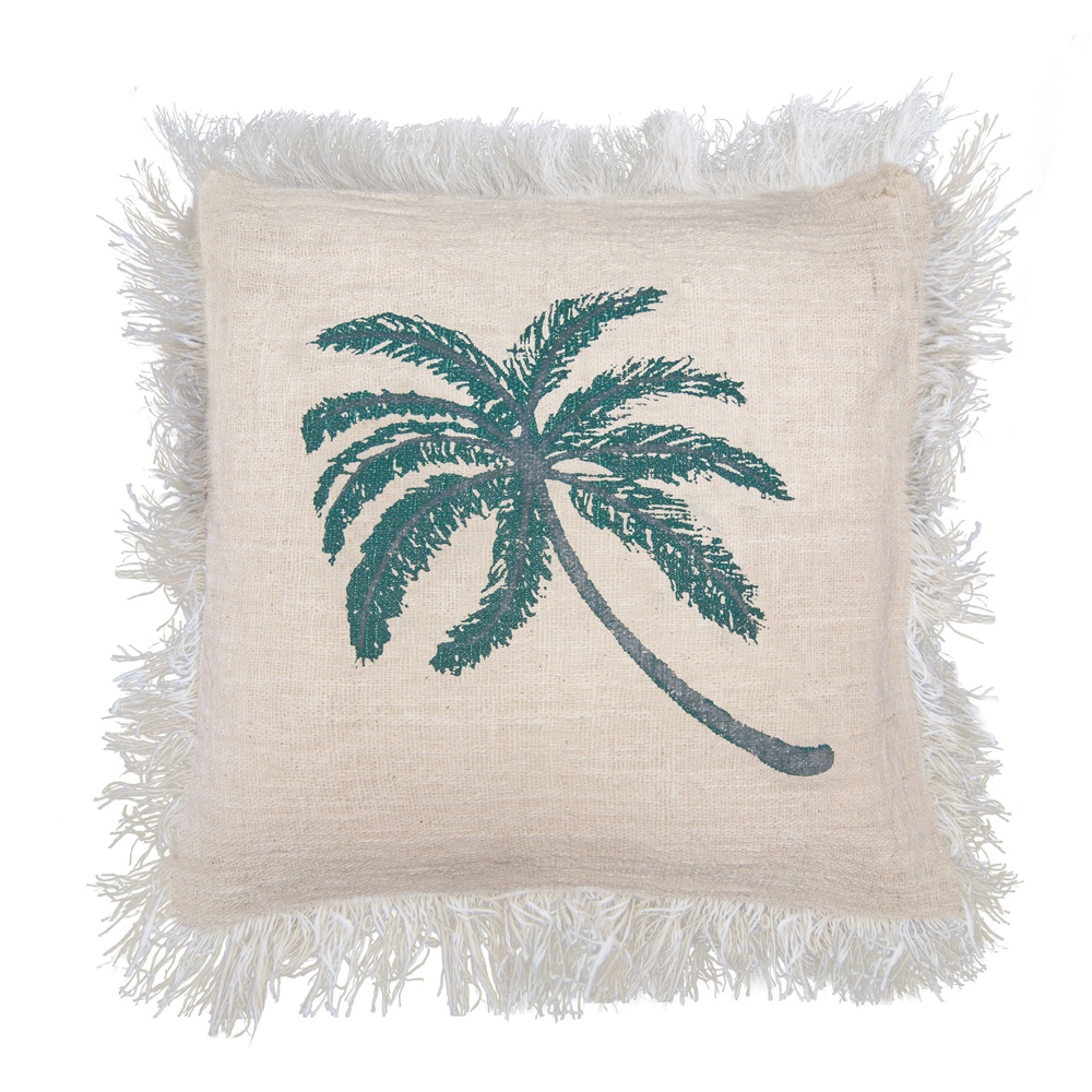 Linen Cushion Cover 60x60cm Palm Tree  with Fringe