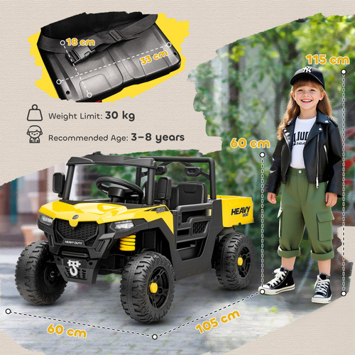 AIYAPLAY Kids Ride on Car, 12V Electric Kids UTV with Electric Dump Bed, 4-Wheel Suspension for 3-8 Years, Yellow