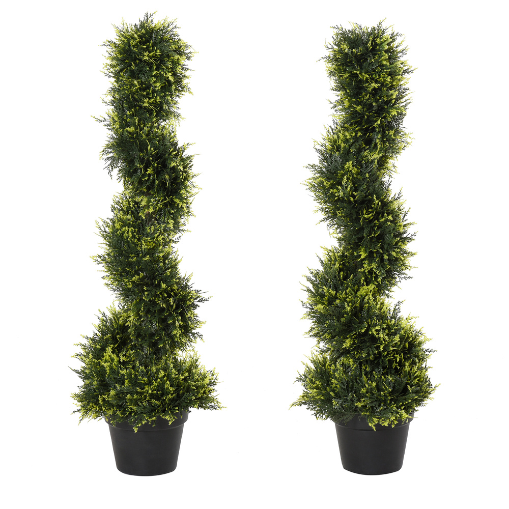 Outsunny 90cm/3FT Artificial Trees, Spiral Topiary Trees w/ Pot Set Of 2, Fake Indoor Greenery Plant Home Office Garden Decor Green
