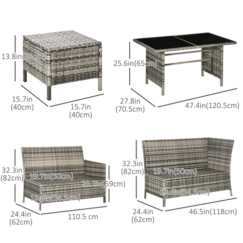 Outsunny 7-Seater Patio wicker Sofa Set Rattan Chair Furniture w/ Glass & Cushioned, Dark Blue